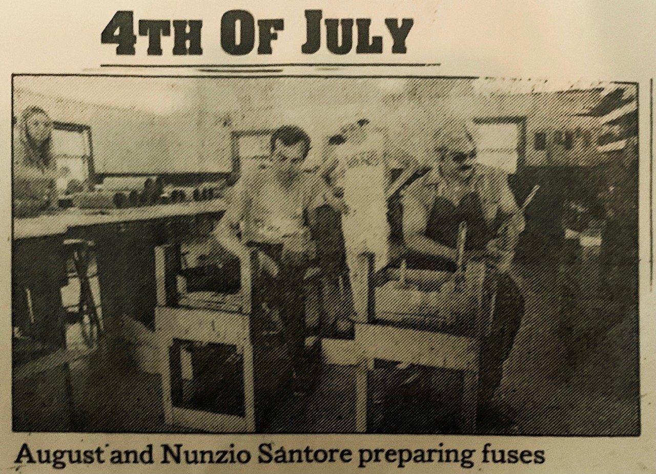 Newspaper clipping, 1988: August and Nunzio Santore at wooden frames preparing fuses in the workshop
