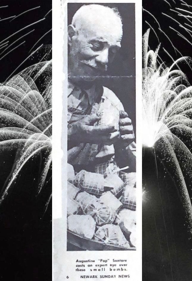 Newspaper clipping of Augustine "Pop" Santore inspecting small wrapped shells, set over a firework burst