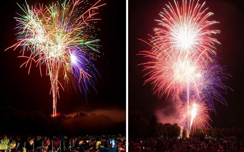 Two side-by-side views of colorful fireworks over a dark field, with a crowd in lawn chairs below