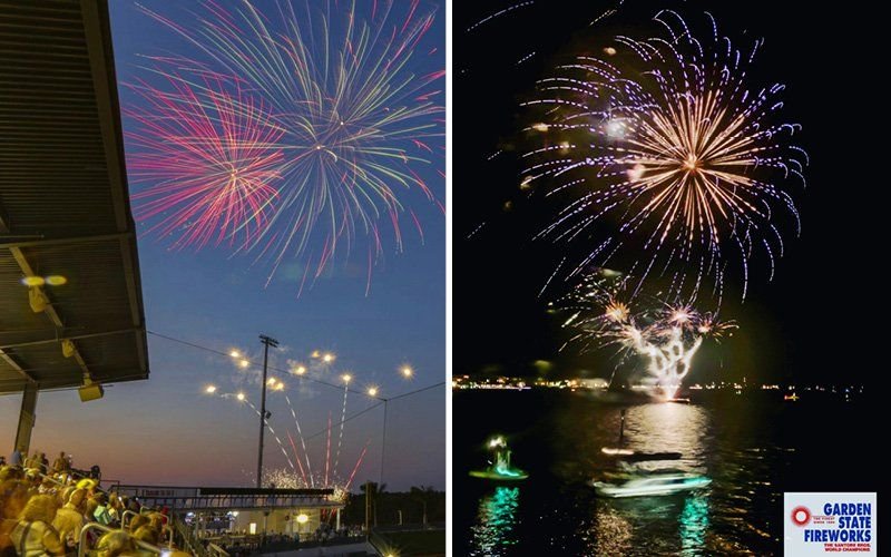 Two views of fireworks, pink bursts over a ballpark seating area at dusk and gold bursts over water at night
